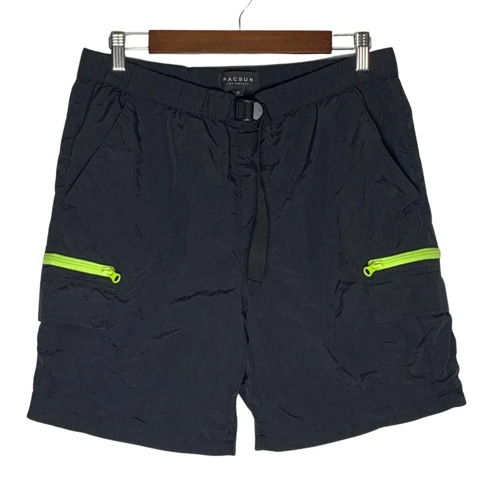PacSun | Men | Black Neon Green Nylon Board Shorts | Size Medium